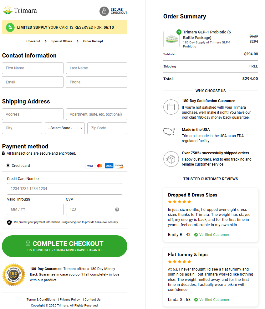Trimara secure checkout page
